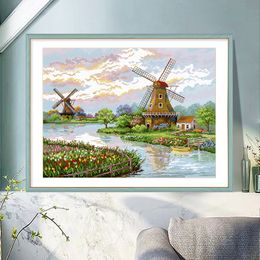 European Landscape Dutch Windmill, DIY Handmade Cross Stitch Kits, Printed Fabric, 11CT Aida Fabric Stamp Cross-Stitch