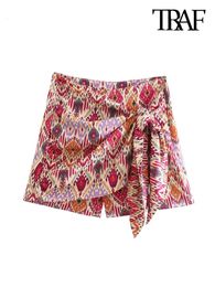 TRAF Women Fashion With Knotted Totem Print Shorts Skirts Vintage High Waist Side Zipper Female Skirts Mujer 240410