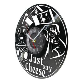 Just Say Cheese Vinyl LP Record Wall Clock Taking Photos Photography Camera Vintage Illuminated Wall Watch Photographers' Gifts