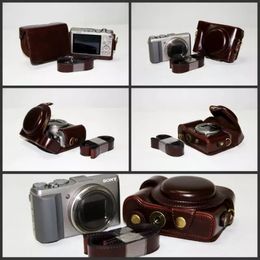 Leather camera case bag Cover with Strap for Sony DSC-HX60 DSC-HX50V DSC HX60 HX50V HX30 Black Light Brown Dark Brown