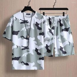 Men's Tracksuits Adjustable Drawstrings Sportswear Camouflage Print Set With O-neck T-shirt Drawstring Waist Shorts For Active