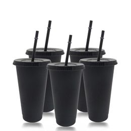 5Pcs 473ml/700ml Black Reusable Plastic Water Bottle Cold Cup With Lid And Straw Magic Tumbler Personalised Tumbler Coffee Mug