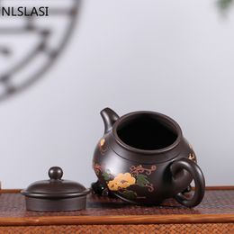 Raw Ore Black Mud Boutique Tea Pots Yixing Purple Clay Filter Teapots Hand Painted Flowers Kettle Household Teaware 190ml