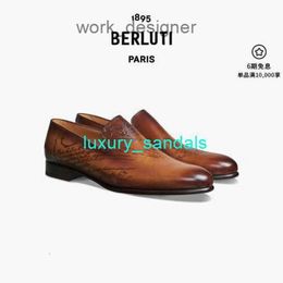BERLUTI Mens Dress Shoes Leather Oxfords Shoes Berluti Classic Curvive Galet Calf Classic Pattern Engraved Mens Leather Shoes Lefu Shoes Brown 055 HBAW AXJ3
