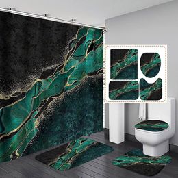 Emerald Green Marble Shower Curtain Set Non-Slip Rugs Toilet Cover Bath Mat Luxury Gold Crack Black Texture Print Bath Curtains