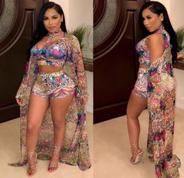 2019 women pailsey print Swim Set Xlong cloak halter hollow out crop top shorts suits 3pcs swimwear tracksuit outfit9465442