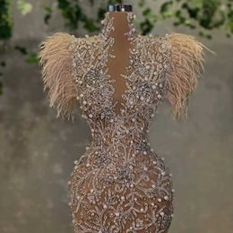 Urban Sexy Dresses Champagne Feathers Dubai Evening Dress Prom Party Gowns Deep V Neck Beaded Mermaid Slit Formal Event Gowns Vestido De Novia 24410
