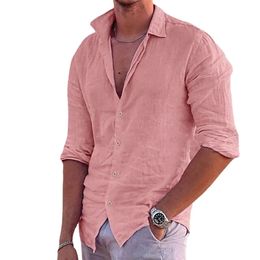 Mens Shirt Cotton linen Fashion Casual Polo Neck Beach Shirt Long Sleeve Solid Hawaiian Holiday Shirts 240410