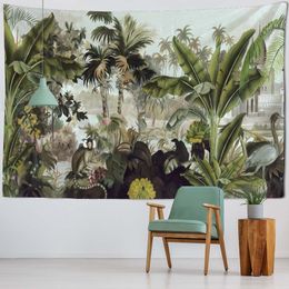 Tropical Plants Leaves Tapestry Vintage Art Painting Home Decor Wall Hanging Boho Hippie Room Background Cloth Yoga Mat Sheet