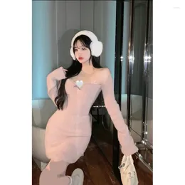 Casual Dresses Women's Sexy Dress Long Sleeves Slash Neck Pink Milky Sweet Mohair Knitted Waist Slimming Birthday Party Evening Short
