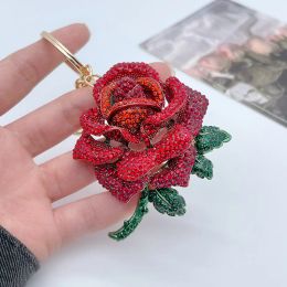 Creative alloy cute rhinestone rose car key ring women's bag accessories flower metal pendant small gift