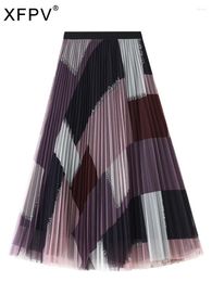 Skirts XFPV Geometric Print Long Tulle Women 2024 Summer Autumn Vintage A Line High Waist Pleated Maxi Skirt Female SM1614