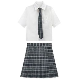 Spring Summer Jk Uniform Skirt Genuine College Short Sleeve White Shirts Plaid Pleated Skirt Two Piece Set Women School Clothes