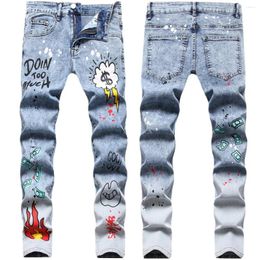 Men's Jeans West Hip Hop Style Multi-color Printed Hole Patch Slim Stretch Fried Snow Small Straight Leg