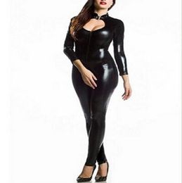 Plus Size 3XL 4XL 5XL Wetlook Women Black Faux Leather Bodysuit Fetish Sexy Zipper Catwoman Costumes Erotic Open Bust Catsuit4171393