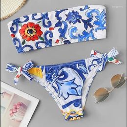 Printed Ethnic Style Bra Bikini European And American Swimwear Women Vacation Sexy / Fashion Biue