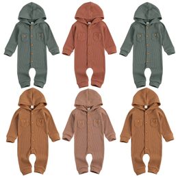 Newborn Baby Girl Boy Solid One-piece Waffle Pattern Rompe, Long Sleeve Front Single Breasted Hooded Jumpsuits Two Front Pockets