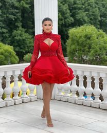 Party Dresses Red High Neck Full Sleeves Beaded Applique Short Tiered Ruffles Prom Custom Made 2024 Girl Wear