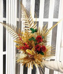 Artificial Gold Leaf Plastic Silver Flower Arrangement Material Wedding Fake Palm Branches DIY Christmas Home Decor Accessories