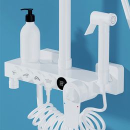 White Digital Multifunctional Bathroom Shower System Round Rainfall Shower Head Thermostatic Bathroom Shower Faucet Set