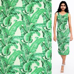 Big green banana leaves print silk and linen blended fabric 140cm width,SLN178