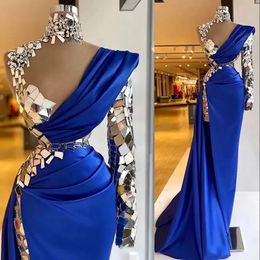 Blue African Evening Beaded Crystal Dresses Royal Aso Ebi Mermaid Prom Dress One Long Sleeve Formal Dresses For Women