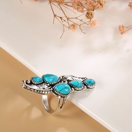 Boho Blue Stone Big Ring for Women Vintage Jewelry Ethnic Style Tibetan Silver Carved Pattern Wedding Party Rings