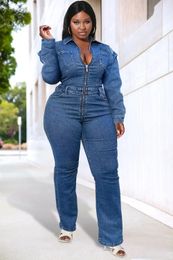 Plus Size Daily Jumpsuit Blue Long Sleeve Denim Zip Womens Spring Autumn Bodysuit Solid Colour Romper Jeans 240410