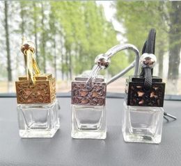 Cube Hollow Car Perfume Bottle Rearview Ornament Hanging Air Freshener For Essential Oils Diffuser Fragrance Empty Glass Bottle Pe5813514