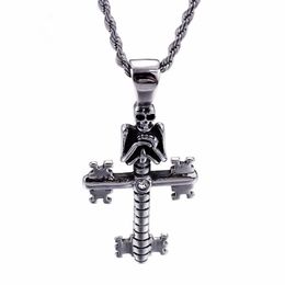Punk Evil Skull Pendant Necklaces For Men Stainless Steel Cross Chain Gothic Biker Jewellery Accessories242h