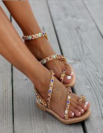 Women Flat Rhinestone Thong Woman Pu Leather Slip On Female Beach Shoes Ladies Fashion Footwear Drop New Summer Sandals3642091