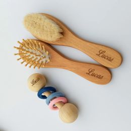 Wooden Custom Name Baby Care Hair Brush Pure Natural Wool Baby Rattle Teethers Set Newborn Massager Shower and Registry Gift