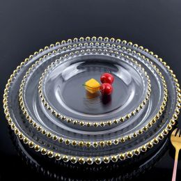 High-end Golden Bead Plate Transparent Glass Western Steak Ramen Plate Home Round Cake Dessert Fruit Plate Restaurant Tableware