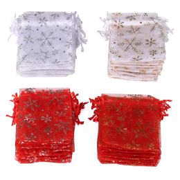 50pcs/Lot Various Sizes Jewelry Bags Red White Snowflake Pattern Organza Christmas Gift Storage Drawstring Pouches Wholesale