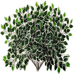12Pcs Artificial Variegated Ficus Leaves Trees Branches Greenery Indoor Outdoor Plant for Office House Farmhouse Home garden decor212g