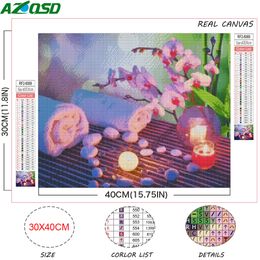 AZQSD Diamond Painting Orchid Stone Candle Flower Mosaic Picture Of Rhinestones Diamond Art Full Square Drill Decor For Home