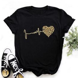 Summer 90s Leopard Heartbeat Short Sleeve Print Clothing Womens T-Shirt Harajuku Graphic Clothing Womens TopDrop Ship 240410