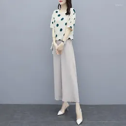 Women's Two Piece Pants Fashion Loose And Thin Wave Point Crop Top Wide Leg 2 Set Chiffon Leisure Sweat Suits For Women Matching