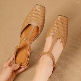 Sandals 2024 Summer Large Size 34-41 Women's Genuine Leather T-strap Flats Mules Soft Comfortable High Quality Slides Shoes