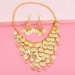 Gold Colour Carved Sequins Bell Choker Necklace Drop Earrings for Women Ethnic Tribe Indian Belly Dance Summer Beach Jewellery Sets