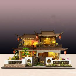 Larg Ancient Building Wooden Doll House Casa Miniature Furniture with LED Kit Dollhouses DIY Assembly Toy Children Birthday Gift