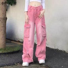 Women's Jeans Fashionable High Street Pink Washed Worn Out Wide Leg Straight Workwear Pockets Pants