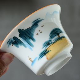 150ml Hand Painted Landscape Ceramic Sancai Gaiwan White Porcelain Tea Cup Kung Fu Tea Set Manual Household Single Tea Bowl Set
