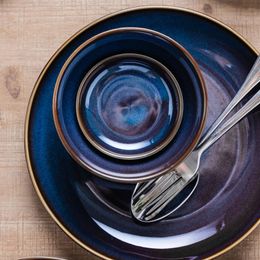 1pcs Deep Blue Color Keramik Geschirr europäische Retro -Glasur -Geschirr Töpferporzellanschale Haushalts Reisschale