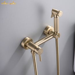 Solid Brass brushed gold Toilet Bidet kit Sprayer Brushed metal Hot And Cold Bathroom Douche Kit Square Shattaf Shower Faucet