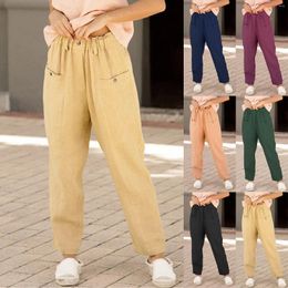 Women's Pants Women Casual Straight Elastic Waist Button Loose Fitting Trouser With Pockets Cotton Linen Solid Colour For