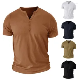 Men's T Shirts Men Summer Short Sleeve Button V Neck T-Shirt Cotton Stretch Solid Colour Blouses