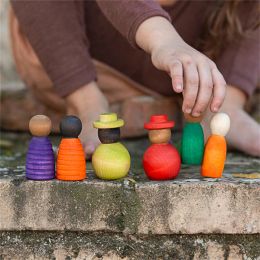 Baby Wooden Toys Nordic Wood Figures Rainbow Colour Peg Dolls Children Montessori Toys Kids Natural Unfinished Unpainted Toys