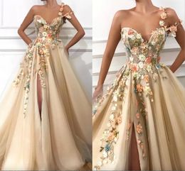 Split Flowers Sexy One Shoulder A Line Tulle Prom Dresses Backless Evening Gowns Birthday Party Special Ocn Wear