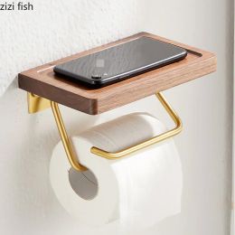 Metal Wood Tissue Holder Wall-mounted Paper Holders Shelf Black Walnut Toilet Paper Holder Paper Roll Holders Wall Storage Rack